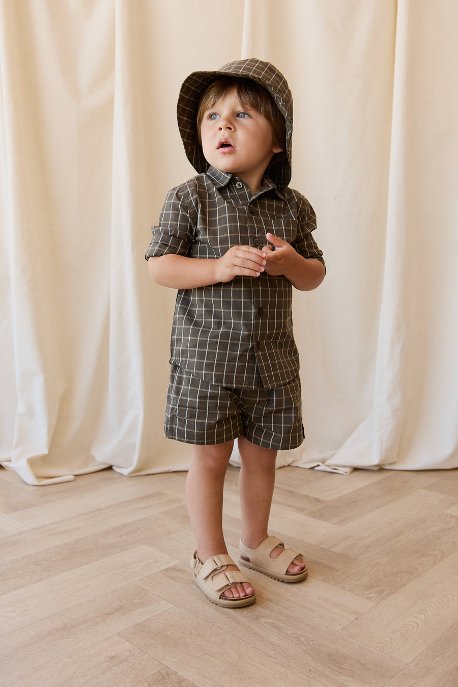 Organic Cotton Silas Short - Variegated Grid Tarmac Childrens Short from Jamie Kay NZ