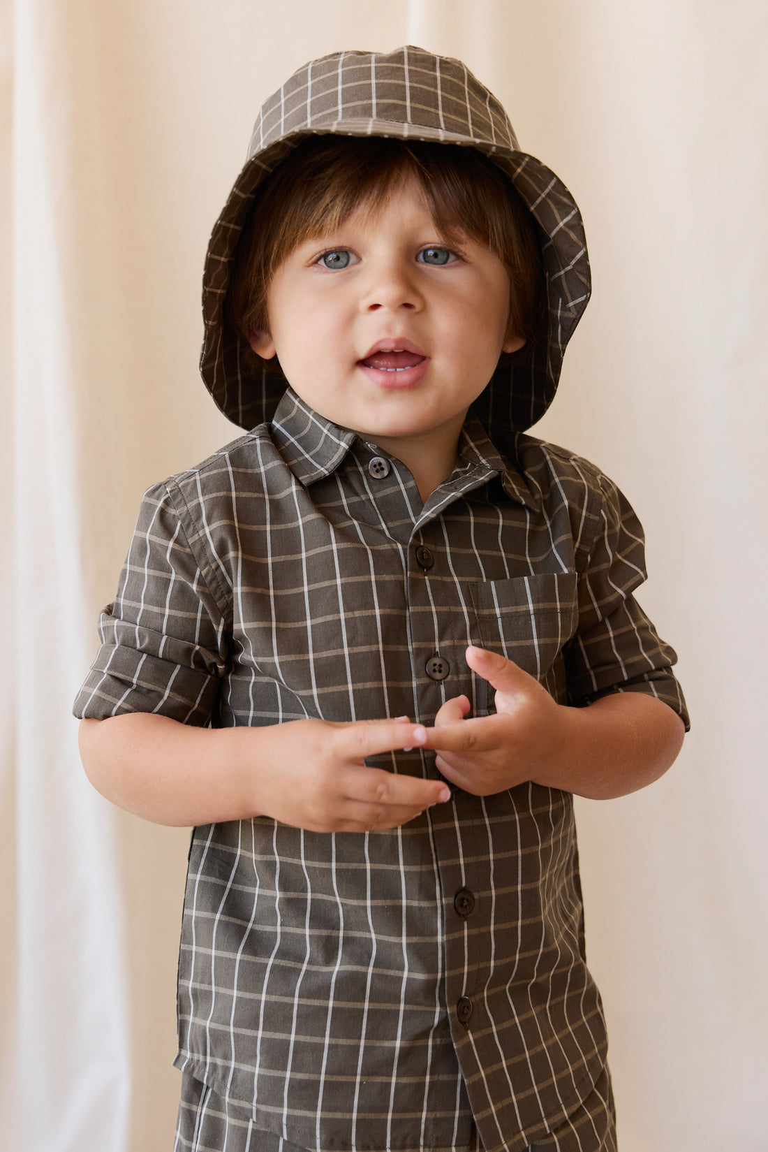 Organic Cotton Bucket Hat - Variegated Grid Tarmac Childrens Hat from Jamie Kay NZ