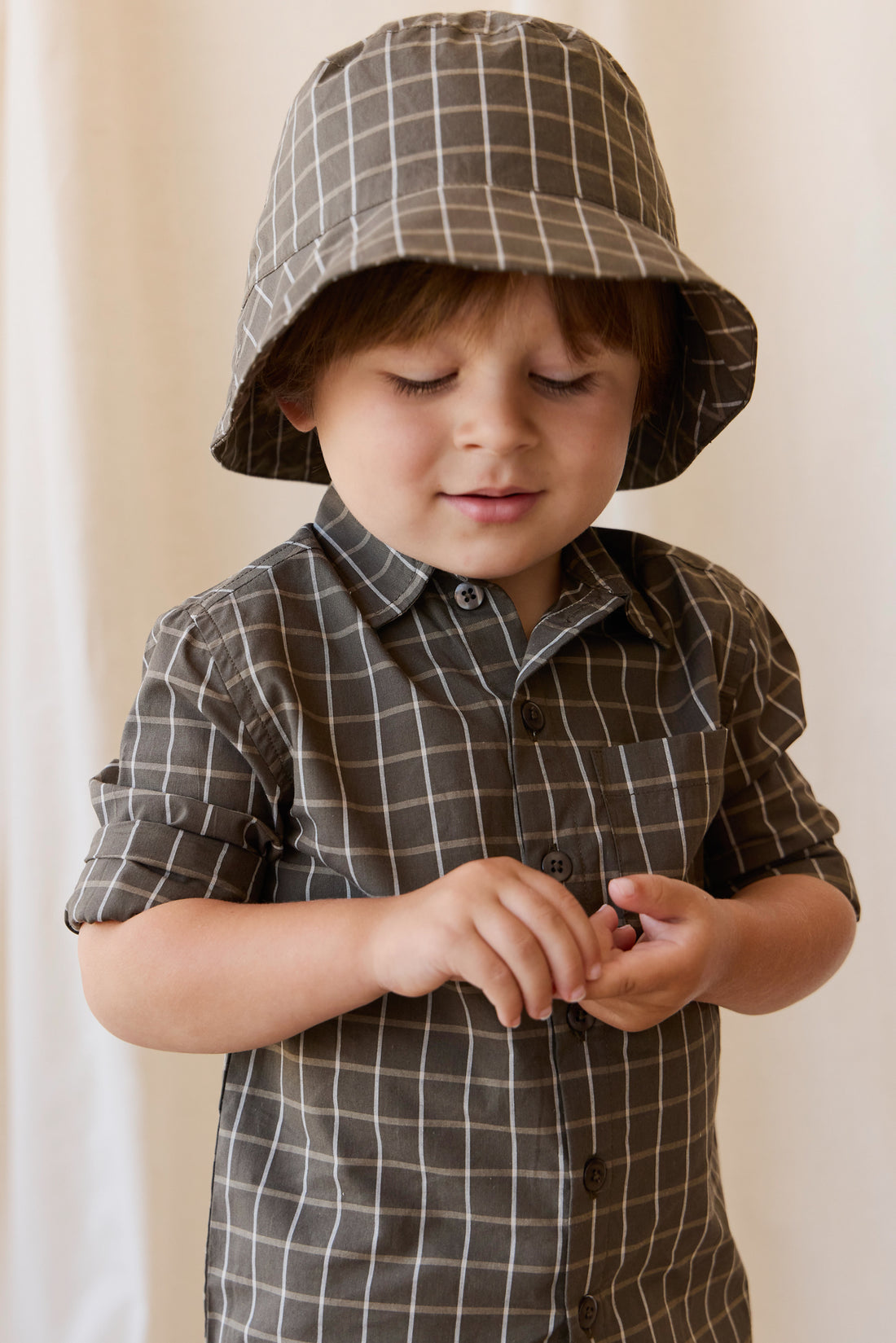 Organic Cotton Bucket Hat - Variegated Grid Tarmac Childrens Hat from Jamie Kay NZ