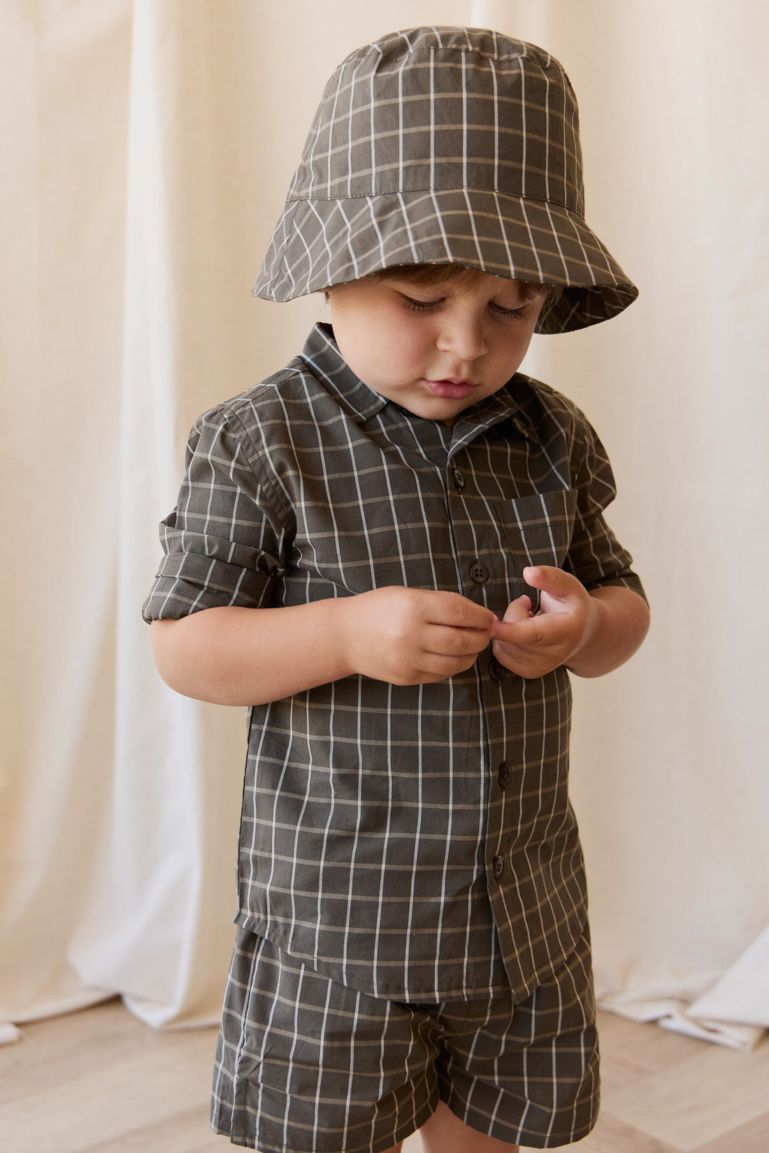 Organic Cotton Silas Short - Variegated Grid Tarmac Childrens Short from Jamie Kay NZ