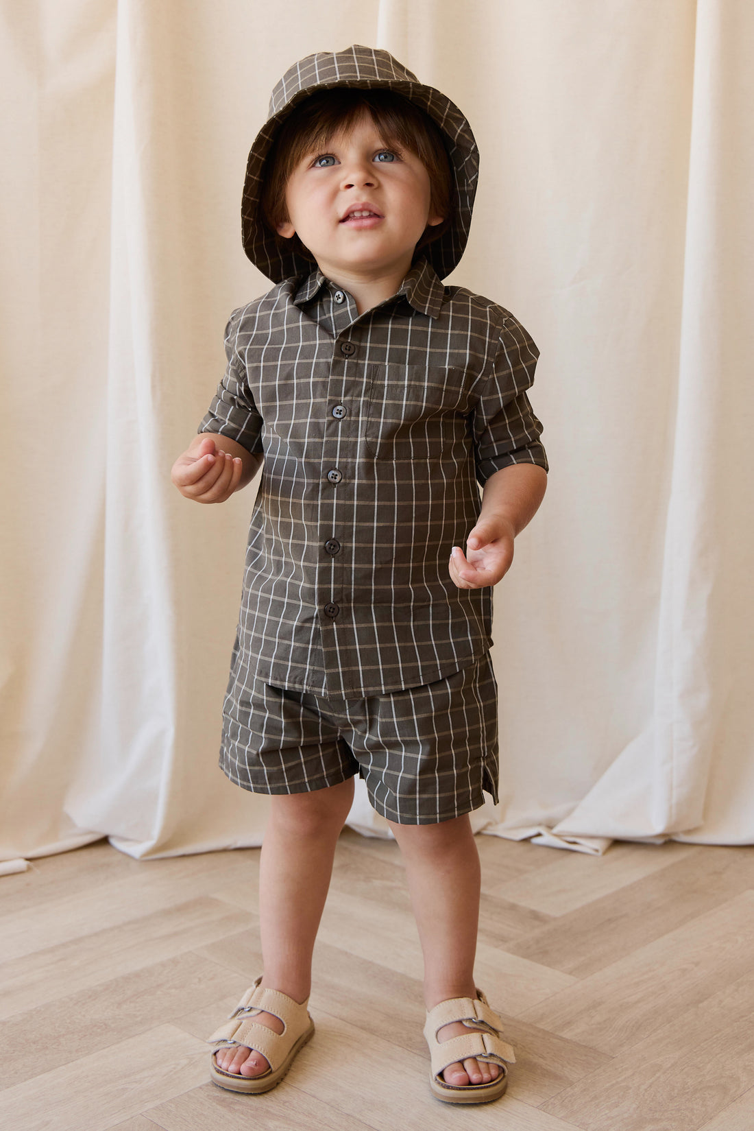 Organic Cotton Silas Short - Variegated Grid Tarmac Childrens Short from Jamie Kay NZ