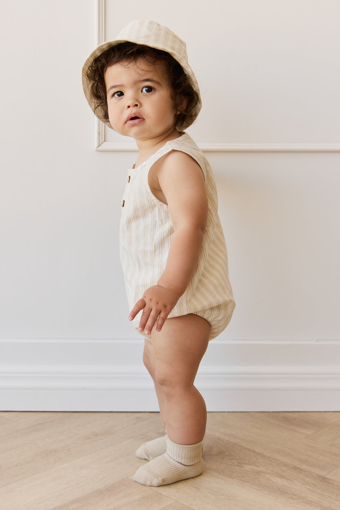Organic Cotton Archie Playsuit - Variegated Stripe Foam Childrens Playsuit from Jamie Kay NZ