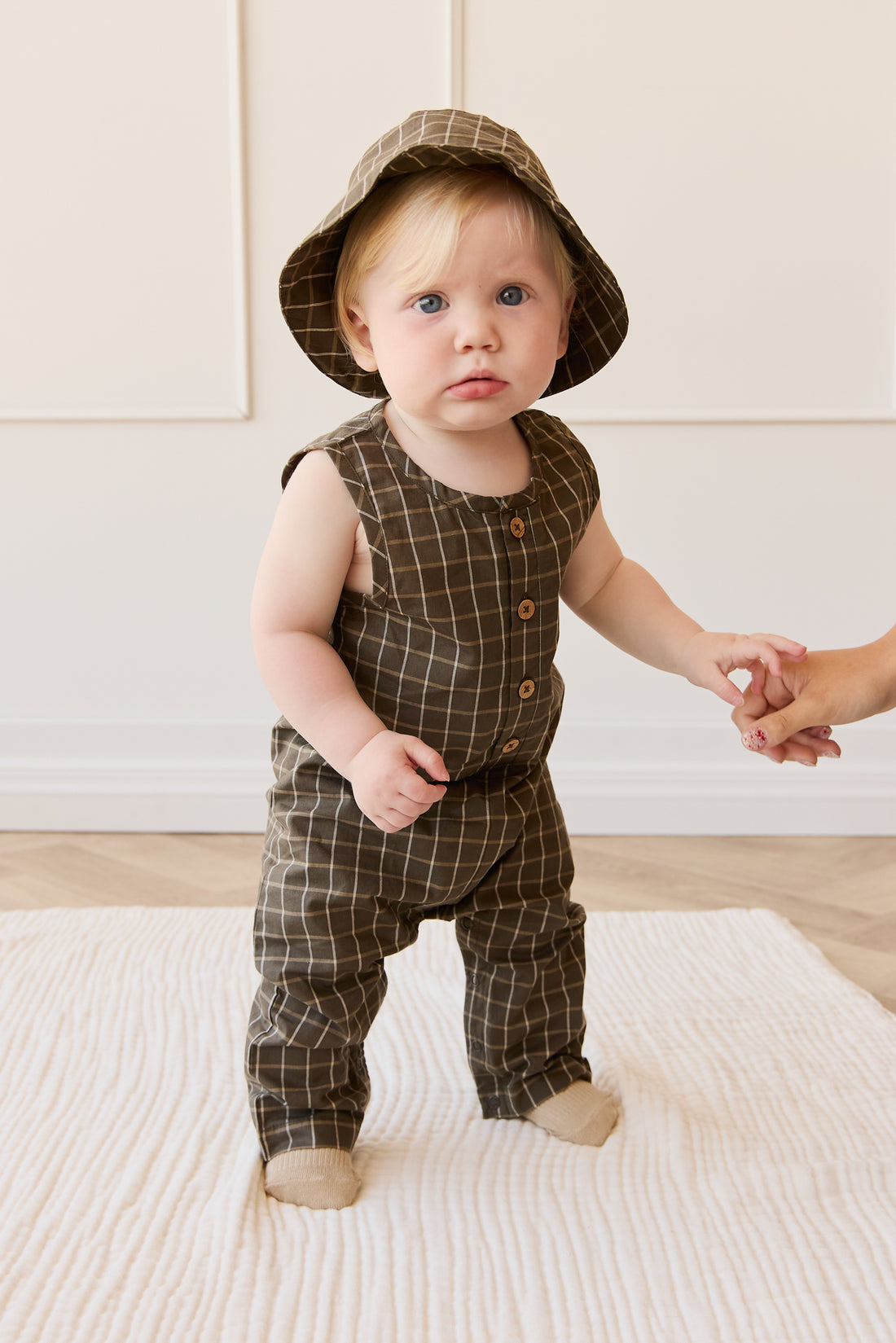 Organic Cotton Milo Jumpsuit - Variegated Grid Tarmac Childrens Jumpsuit from Jamie Kay NZ