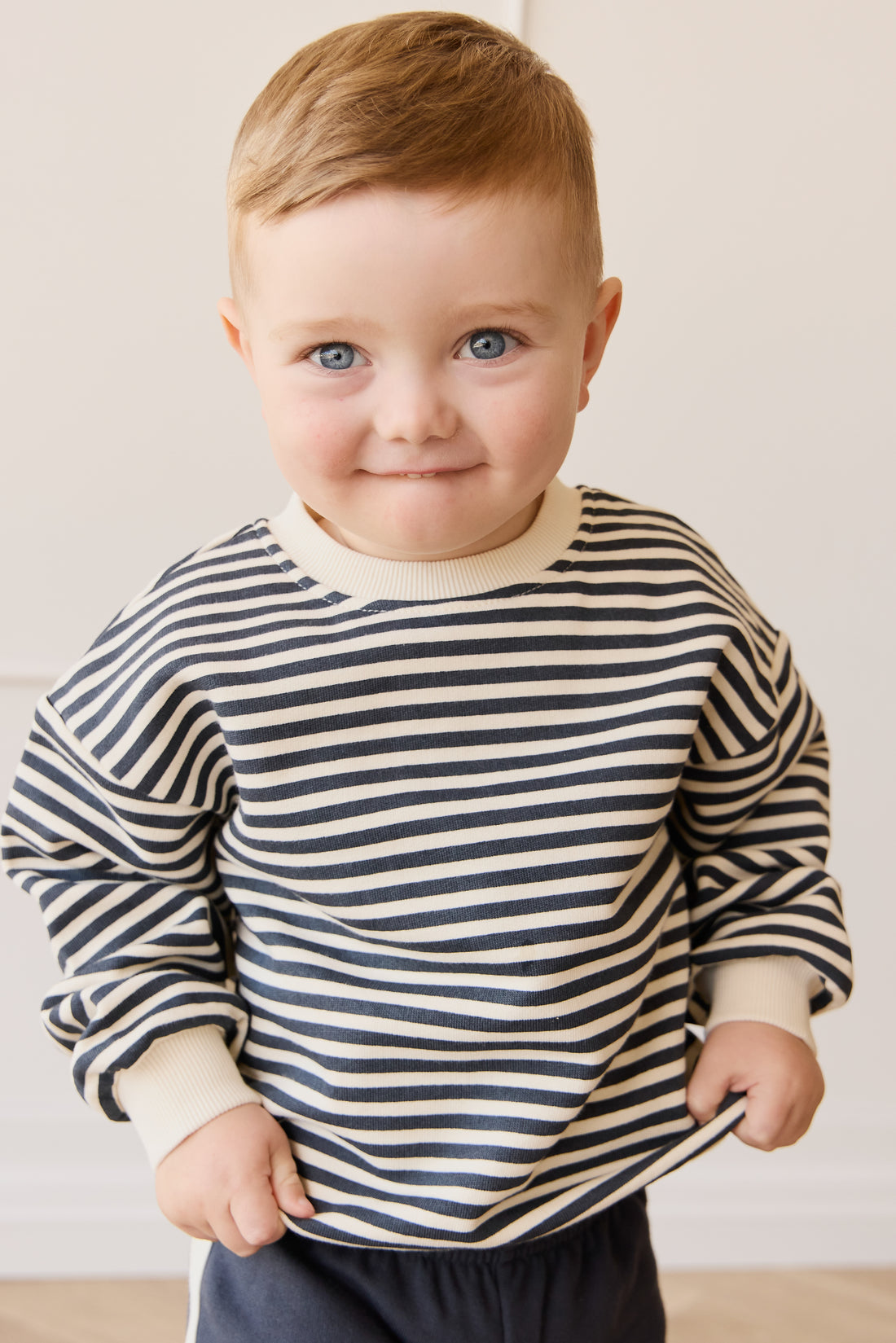 Organic Cotton Peyton Sweatshirt - Slim Stripe Charter/Cloud Childrens Top from Jamie Kay NZ