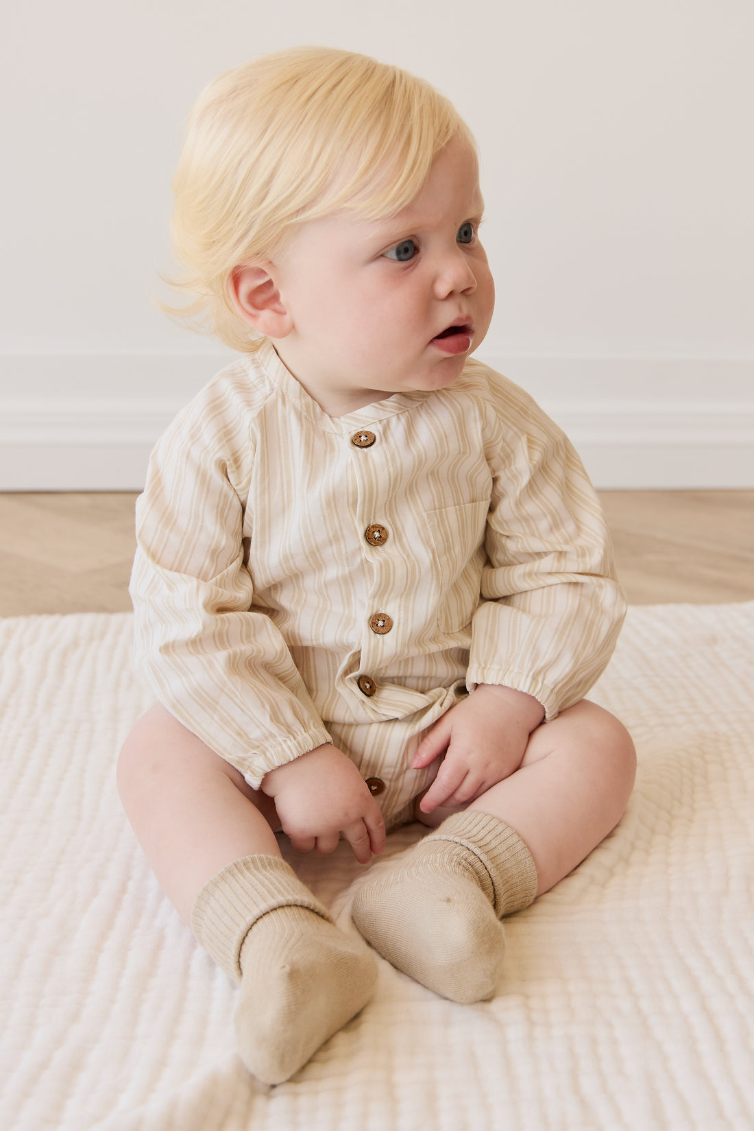 Organic Cotton Ellis Playsuit - Variegated Stripe Foam Childrens Playsuit from Jamie Kay NZ