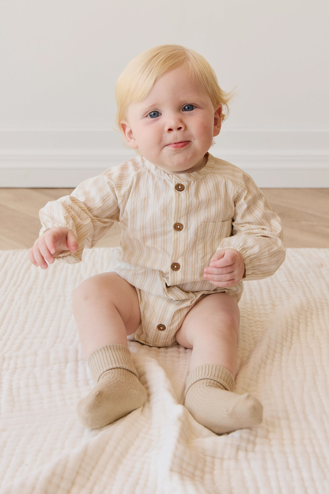 Organic Cotton Ellis Playsuit - Variegated Stripe Foam Childrens Playsuit from Jamie Kay NZ