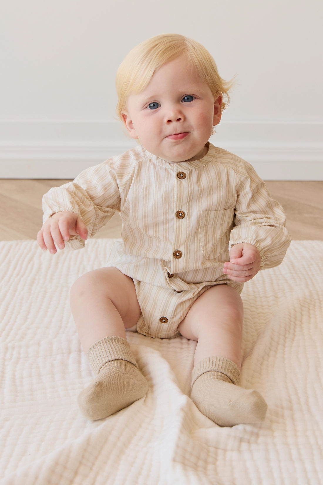 Organic Cotton Ellis Playsuit - Variegated Stripe Foam Childrens Playsuit from Jamie Kay NZ