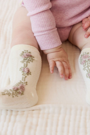 Tasha Floral Jacquard Sock - Egret Childrens Sock from Jamie Kay NZ