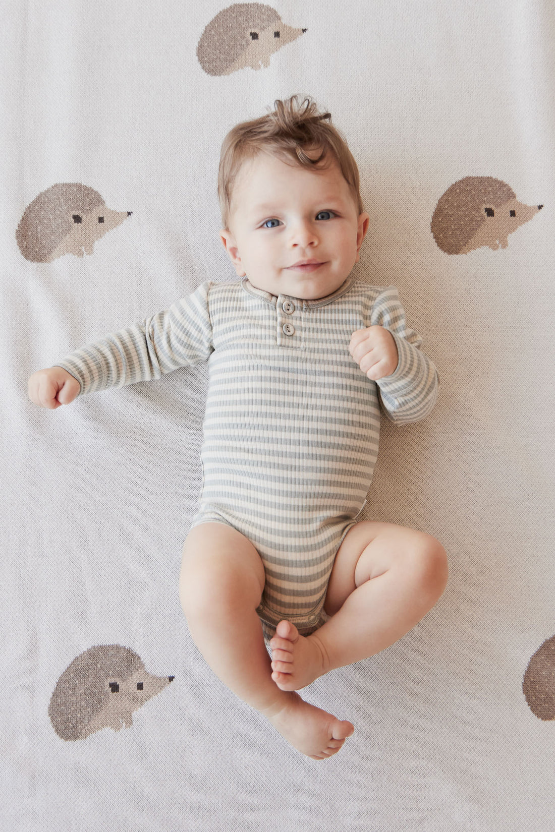 Organic Cotton Modal Long Sleeve Bodysuit - Narrow Stripe Willow/Soft Clay Childrens Bodysuit from Jamie Kay NZ