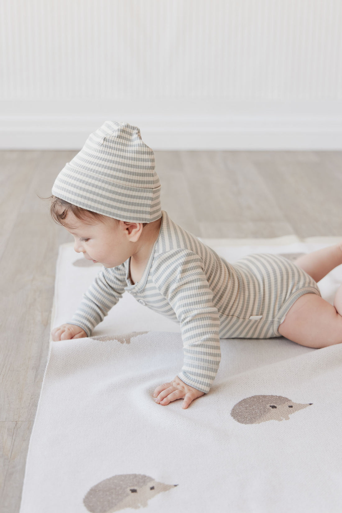 Organic Cotton Modal Lennon Beanie - Narrow Stripe Willow/Soft Clay Childrens Hat from Jamie Kay NZ