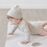 Organic Cotton Modal Lennon Beanie - Narrow Stripe Willow/Soft Clay Childrens Hat from Jamie Kay NZ