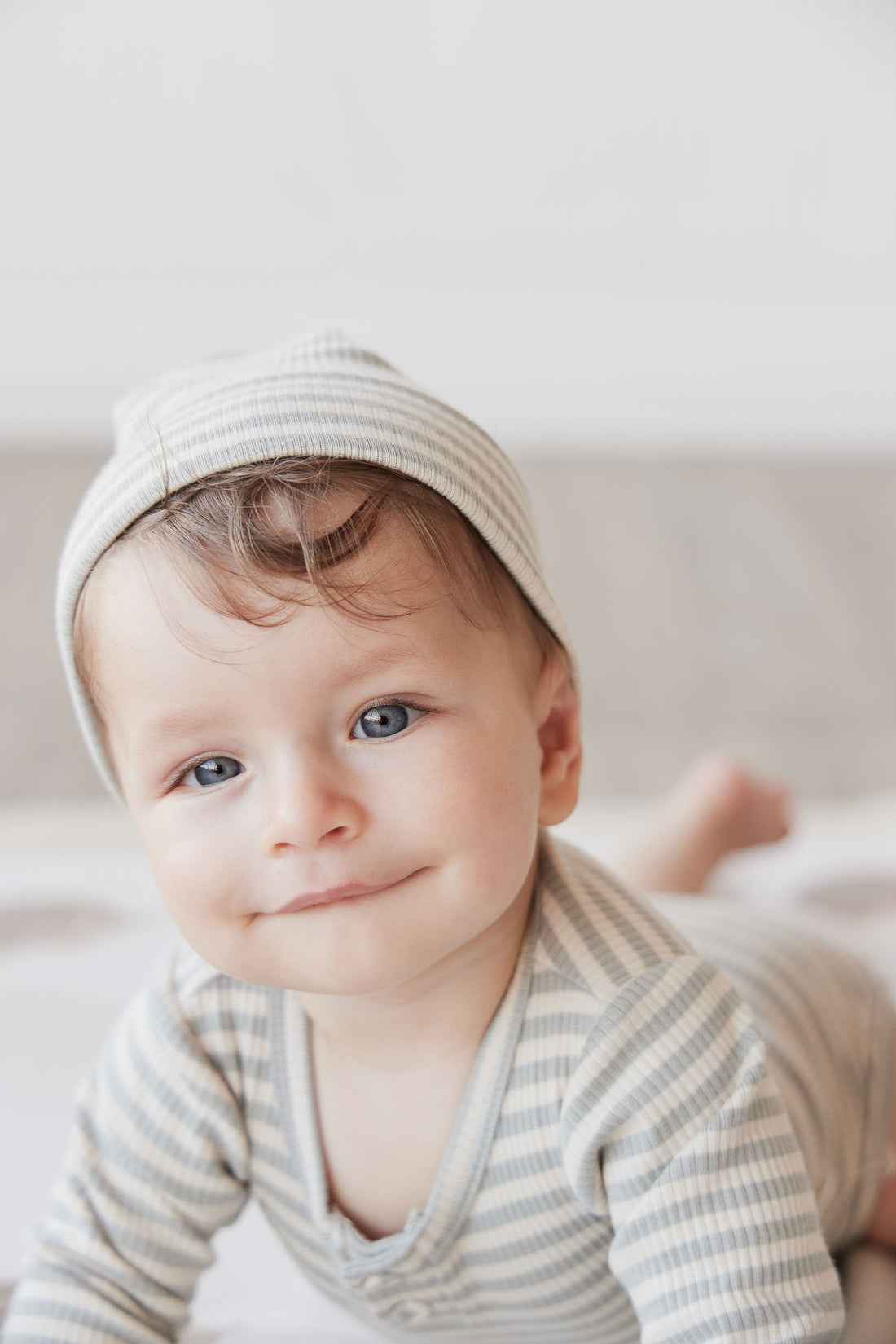 Organic Cotton Modal Lennon Beanie - Narrow Stripe Willow/Soft Clay Childrens Hat from Jamie Kay NZ