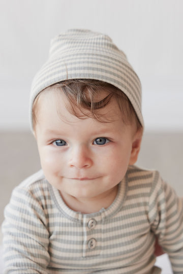 Organic Cotton Modal Lennon Beanie - Narrow Stripe Willow/Soft Clay Childrens Hat from Jamie Kay NZ