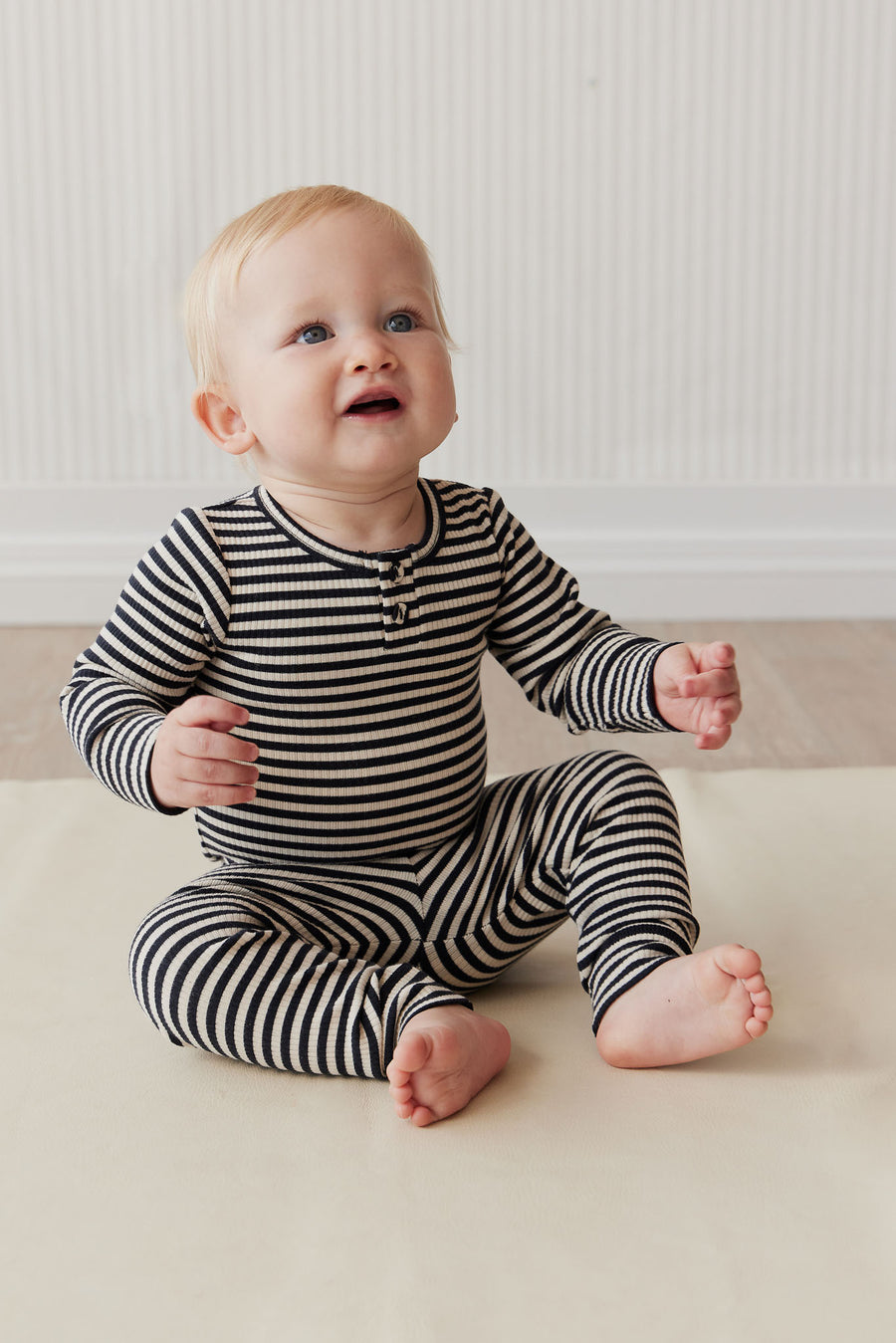 Organic Cotton Modal Long Sleeve Bodysuit - Narrow Stripe Constellation/Soft Clay Childrens Bodysuit from Jamie Kay NZ