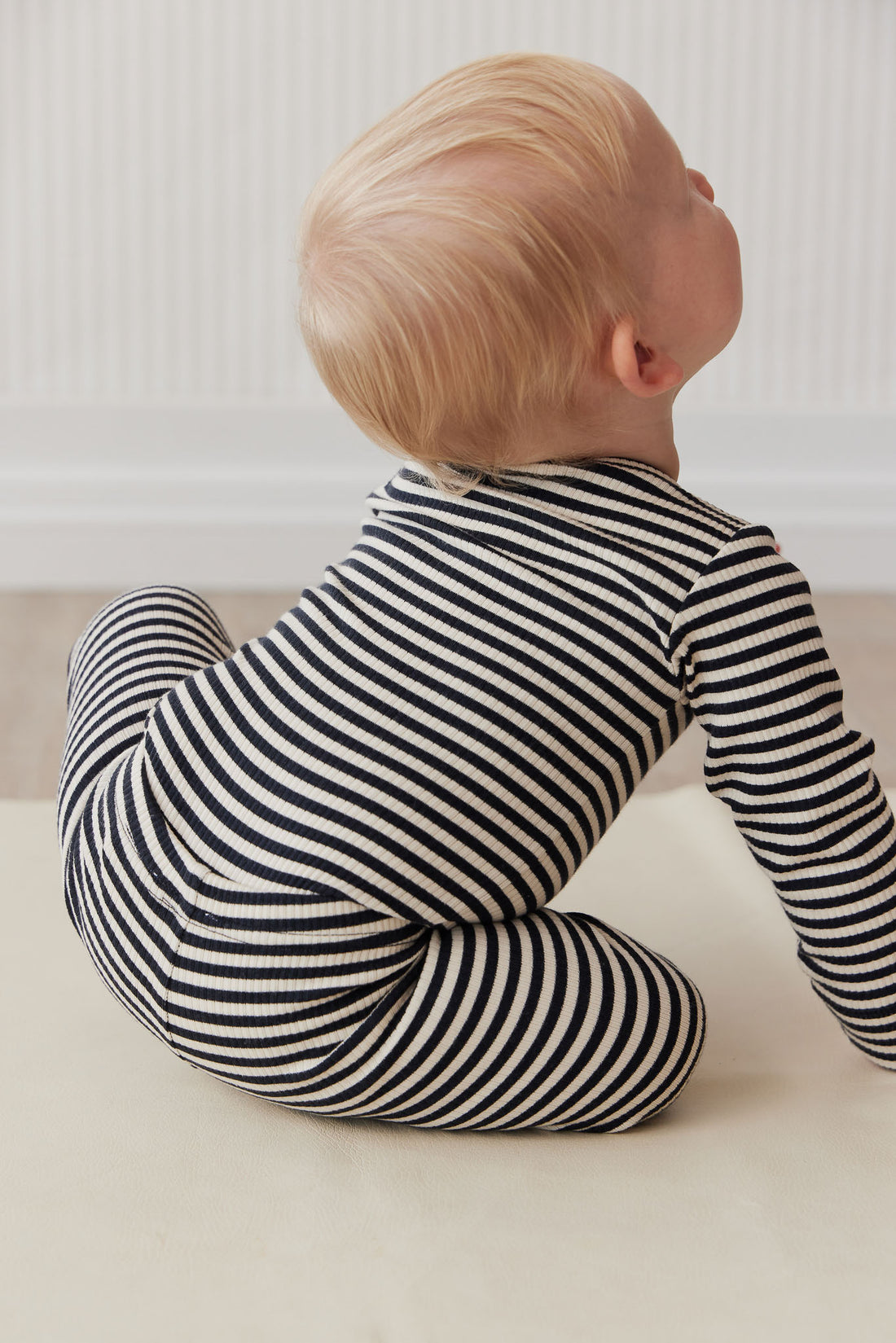 Organic Cotton Modal Long Sleeve Bodysuit - Narrow Stripe Constellation/Soft Clay Childrens Bodysuit from Jamie Kay NZ