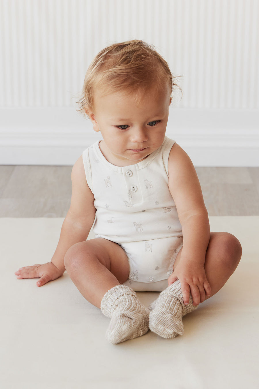 Pima Cotton Noah Playsuit - Fable Deer Cloud Childrens Playsuit from Jamie Kay NZ