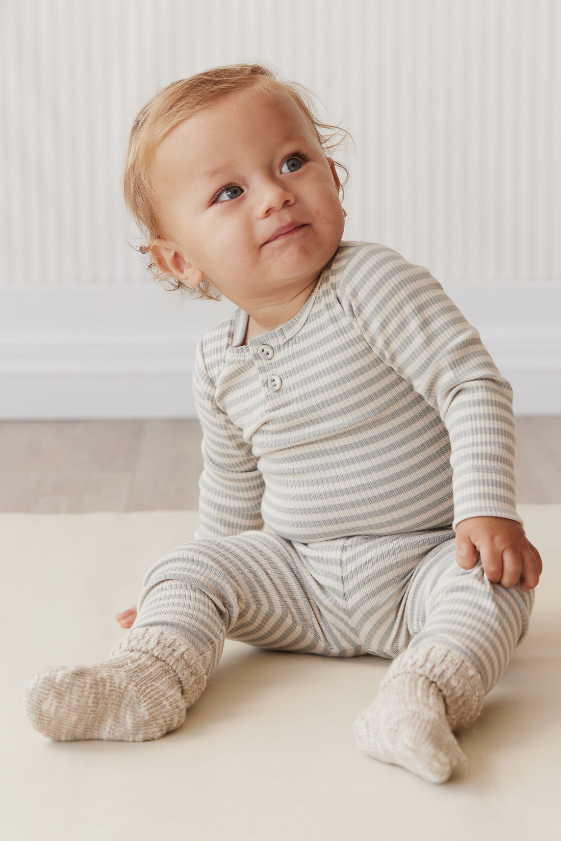 Organic Cotton Modal Long Sleeve Bodysuit - Narrow Stripe Willow/Soft Clay Childrens Bodysuit from Jamie Kay NZ