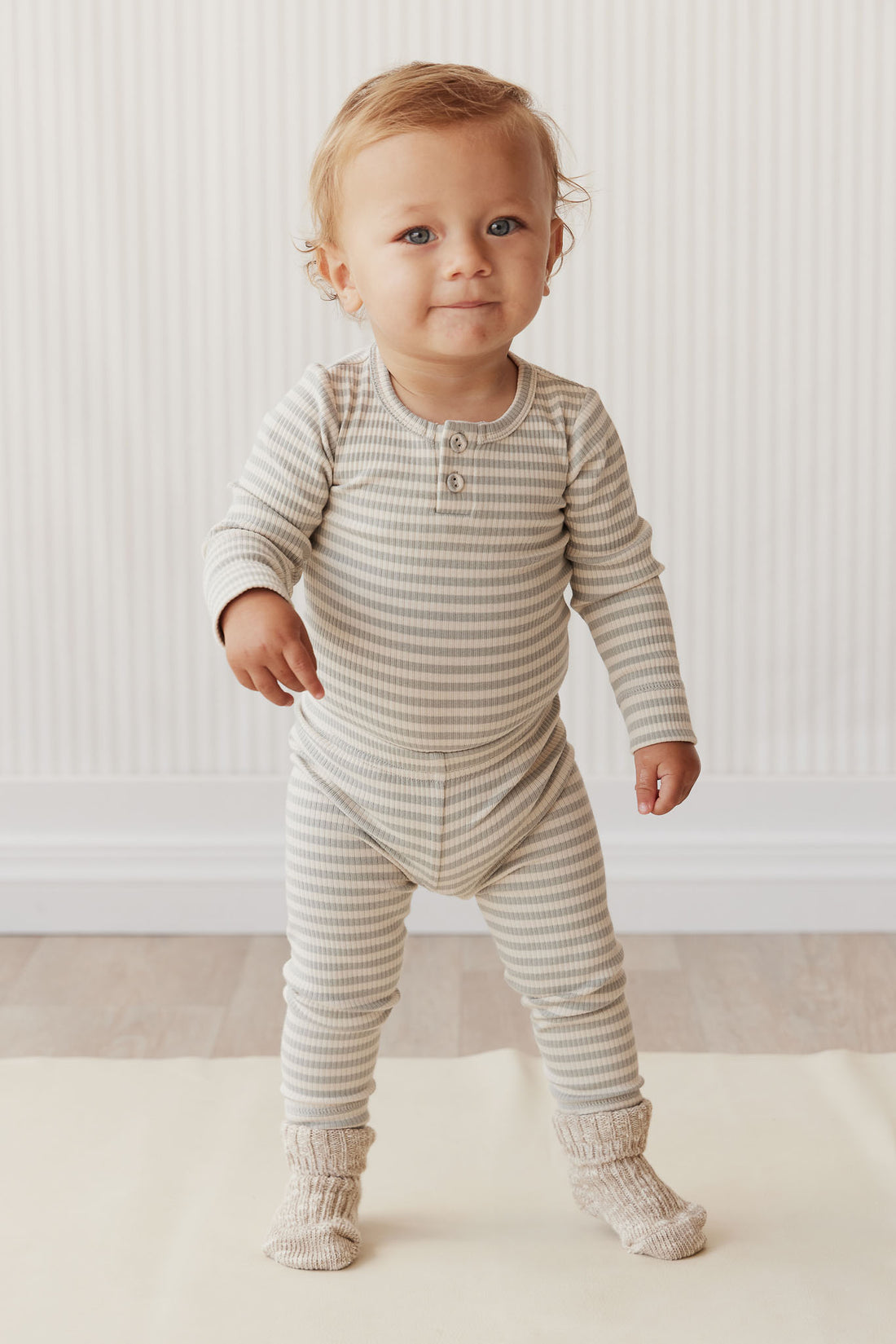 Organic Cotton Modal Long Sleeve Bodysuit - Narrow Stripe Willow/Soft Clay Childrens Bodysuit from Jamie Kay NZ