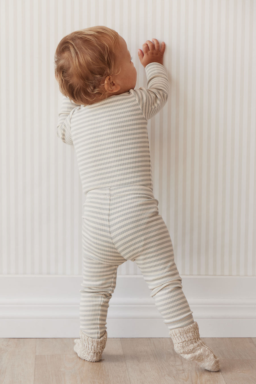 Organic Cotton Modal Long Sleeve Bodysuit - Narrow Stripe Willow/Soft Clay Childrens Bodysuit from Jamie Kay NZ