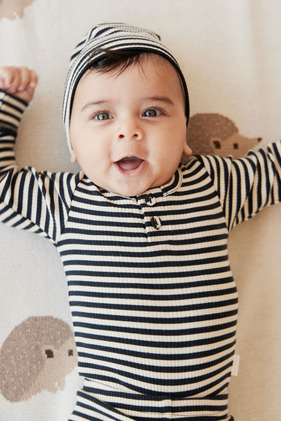 Organic Cotton Modal Lennon Beanie - Narrow Stripe Constellation/Soft Clay Childrens Hat from Jamie Kay NZ