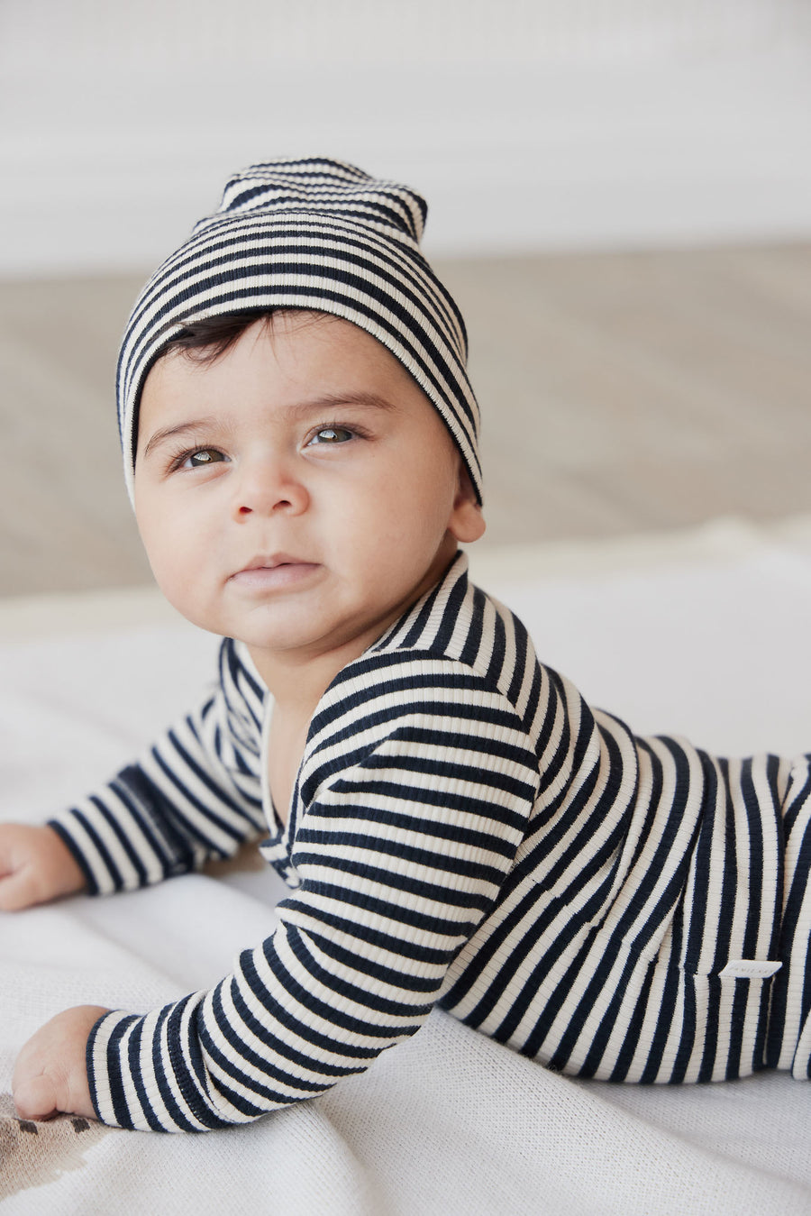 Organic Cotton Modal Lennon Beanie - Narrow Stripe Constellation/Soft Clay Childrens Hat from Jamie Kay NZ