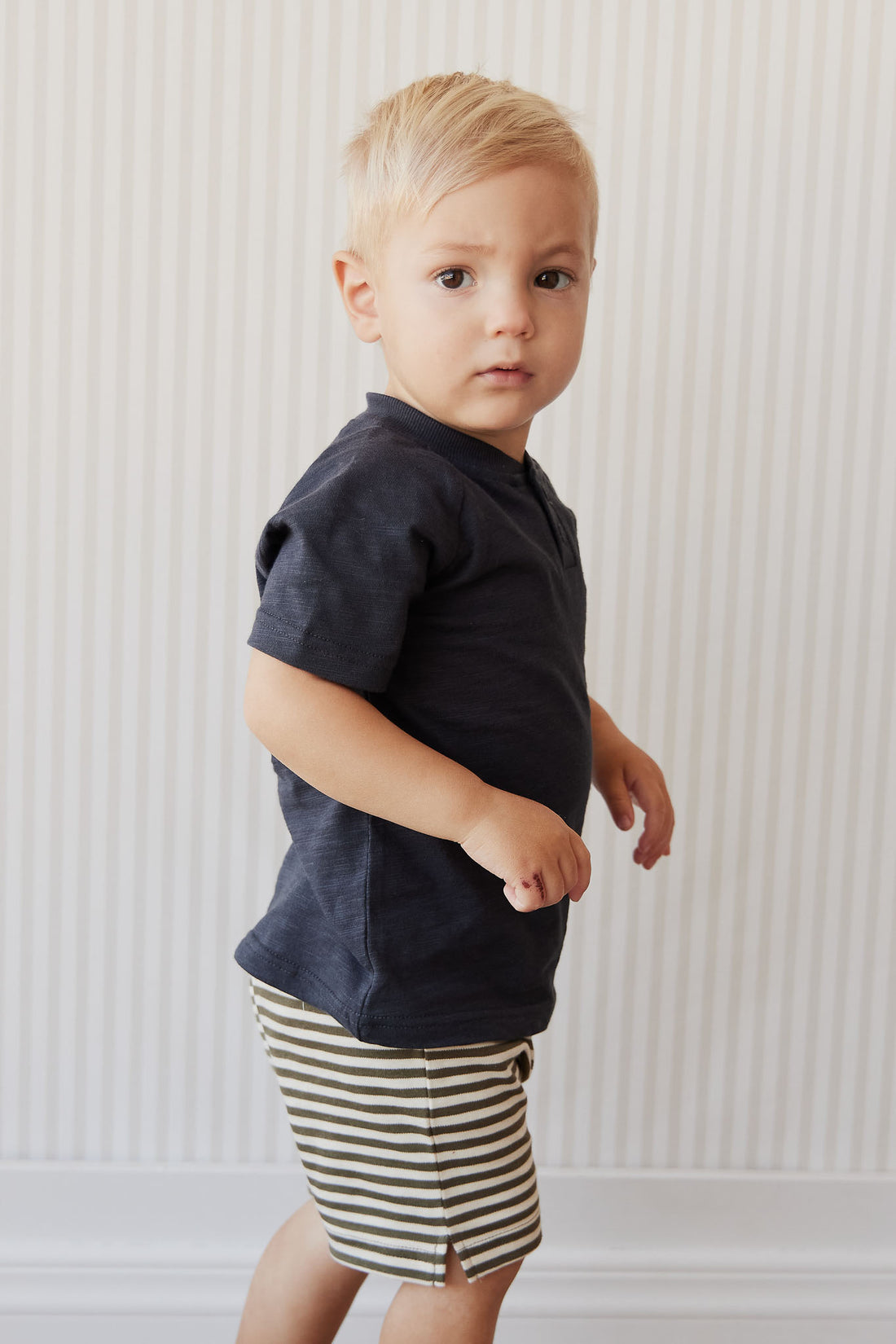 Pima Cotton Marley Short - Narrow Stripe Deep Olive/Soft Clay Childrens Short from Jamie Kay NZ