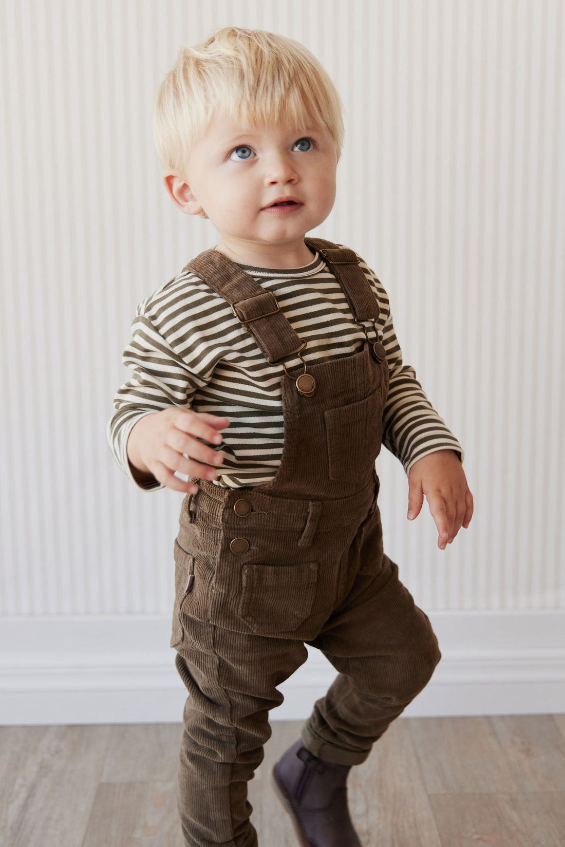 Pima Cotton Arnold Long Sleeve Top - Narrow Stripe Deep Olive/Soft Clay Childrens Top from Jamie Kay NZ