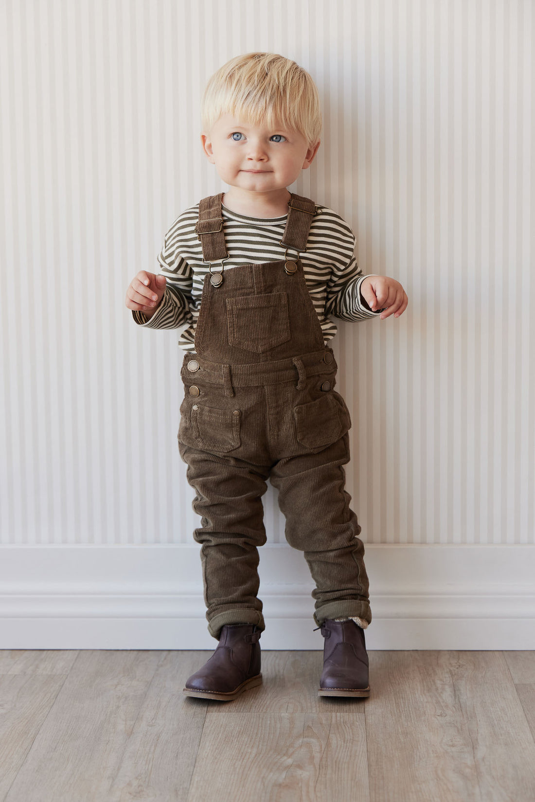 Pima Cotton Arnold Long Sleeve Top - Narrow Stripe Deep Olive/Soft Clay Childrens Top from Jamie Kay NZ