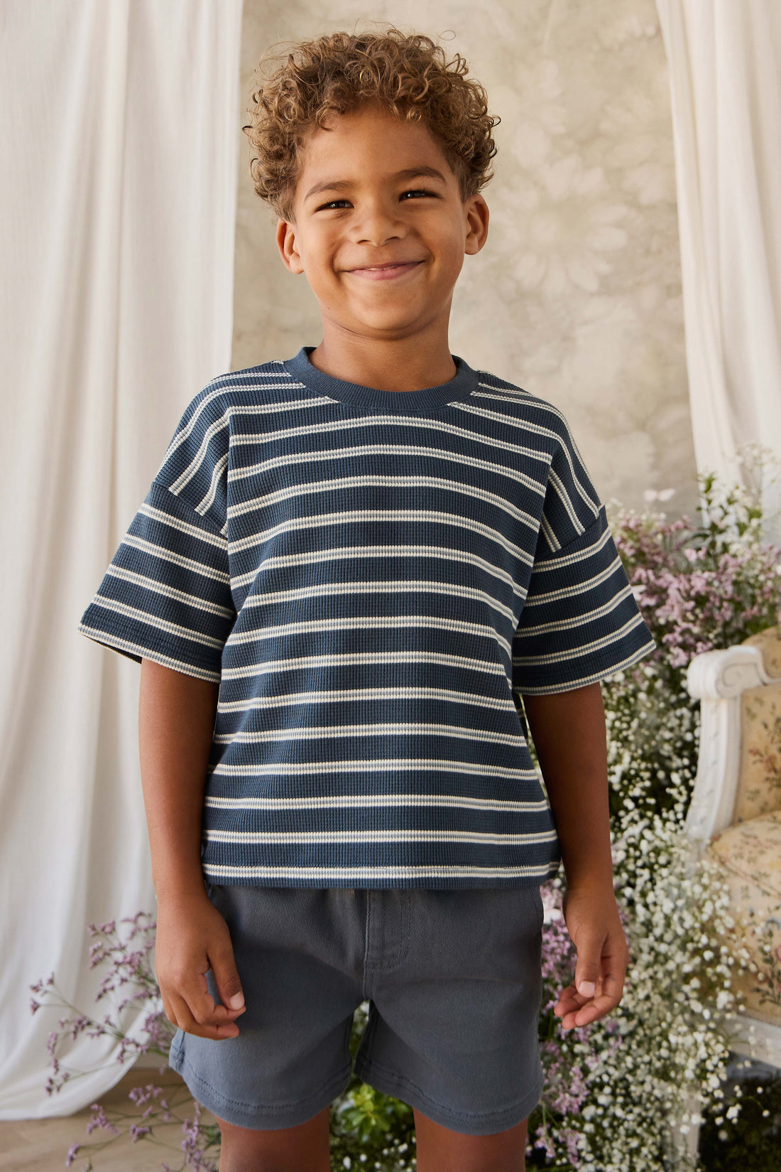 Organic Cotton Waffle Leith Tee - Dreamer Stripe Captain Childrens Top from Jamie Kay NZ