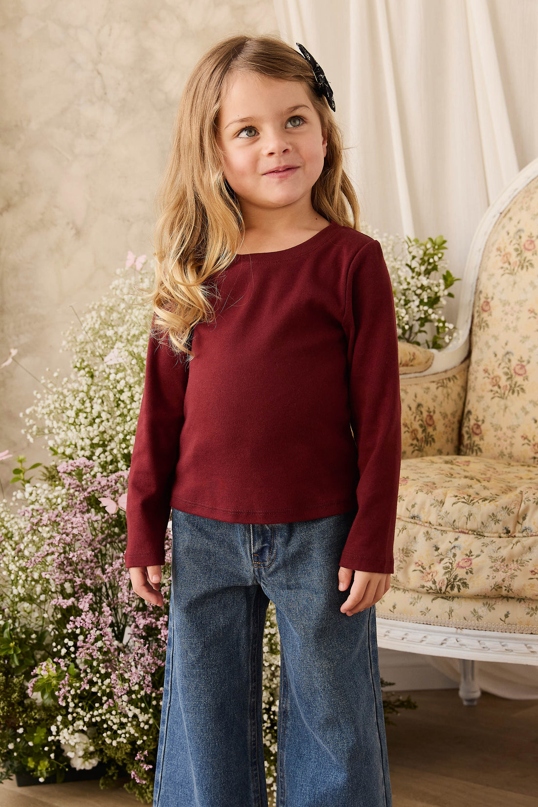 Organic Cotton Rib Helene Long Sleeve Top - Burgundy Childrens Top from Jamie Kay NZ