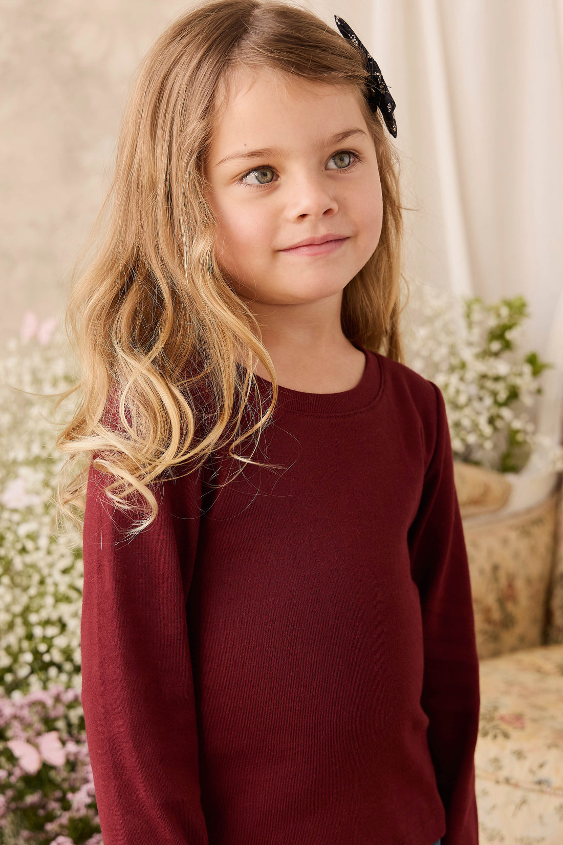 Organic Cotton Rib Helene Long Sleeve Top - Burgundy Childrens Top from Jamie Kay NZ