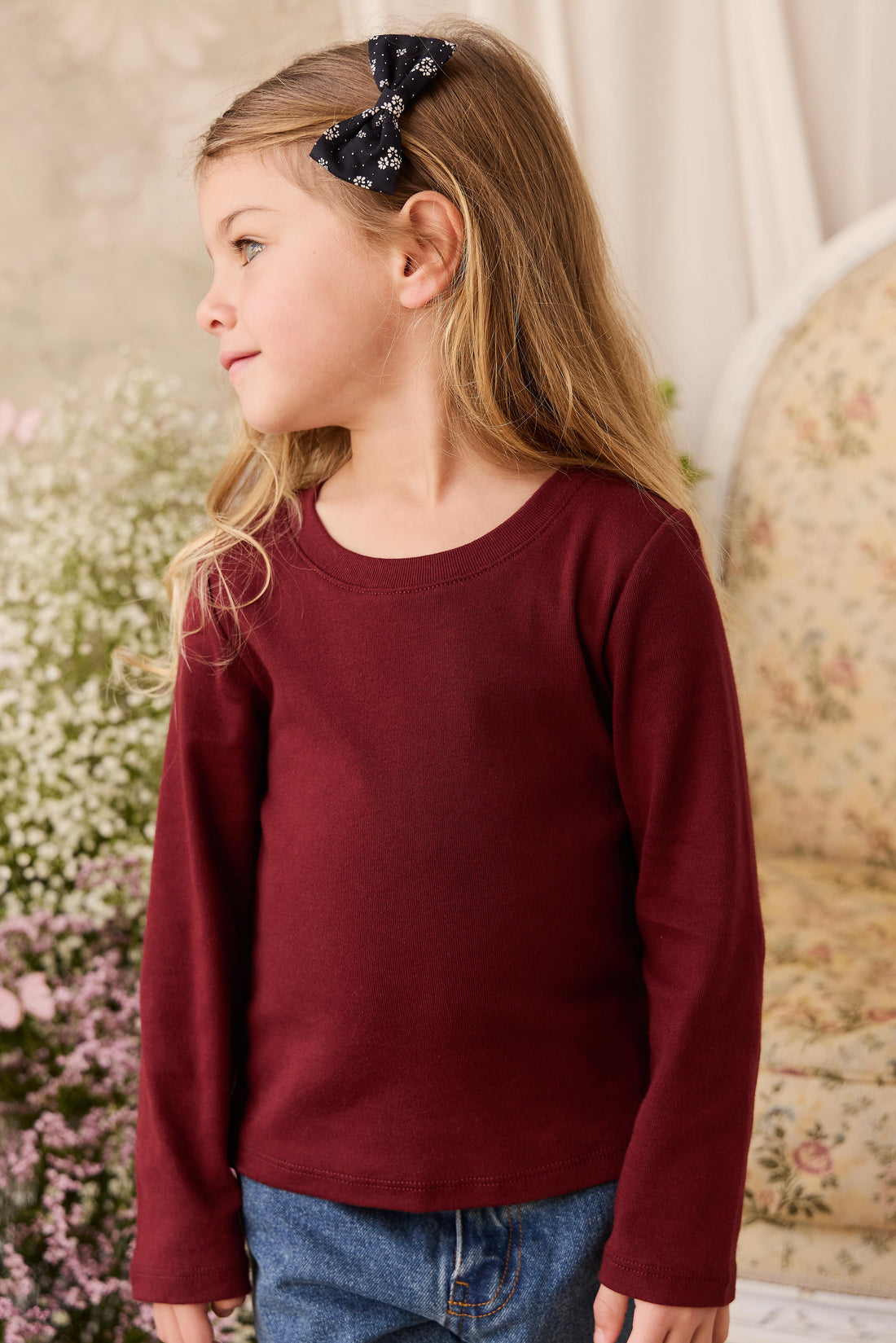 Organic Cotton Rib Helene Long Sleeve Top - Burgundy Childrens Top from Jamie Kay NZ