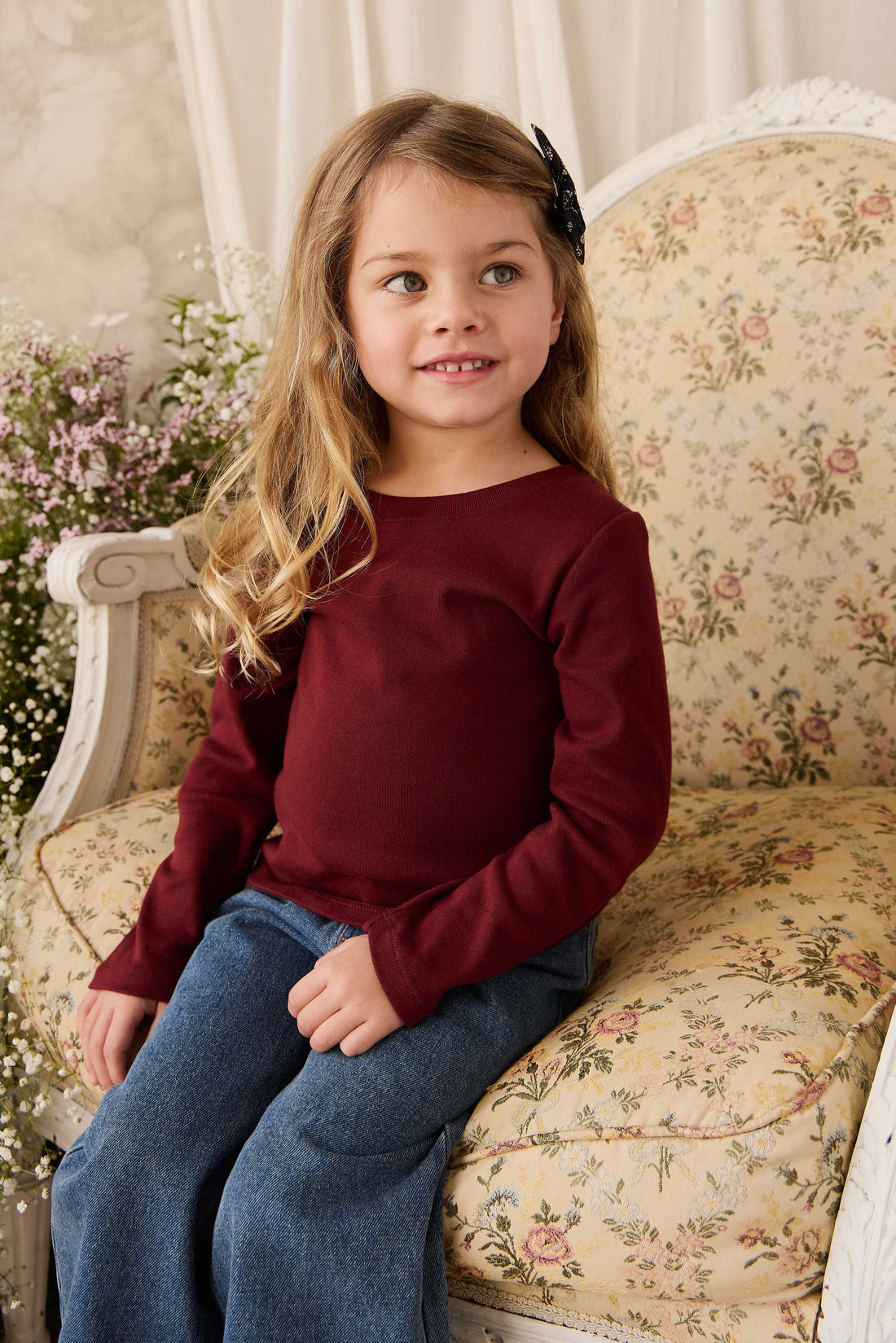 Organic Cotton Rib Helene Long Sleeve Top - Burgundy Childrens Top from Jamie Kay NZ