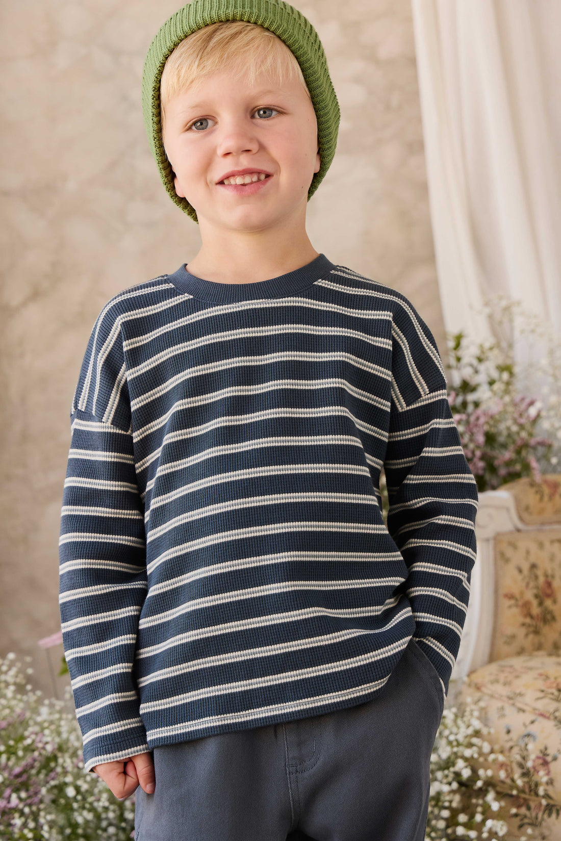 Organic Cotton Waffle Leith Long Sleeve Top - Dreamer Stripe Captain Childrens Top from Jamie Kay NZ