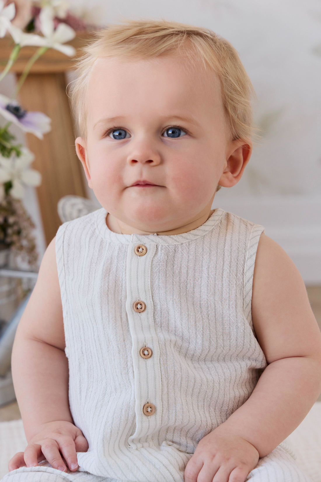 Organic Cotton Milo Jumpsuit - Mini Pinstripe Cloud / Duck Egg Blue Childrens Jumpsuit from Jamie Kay NZ