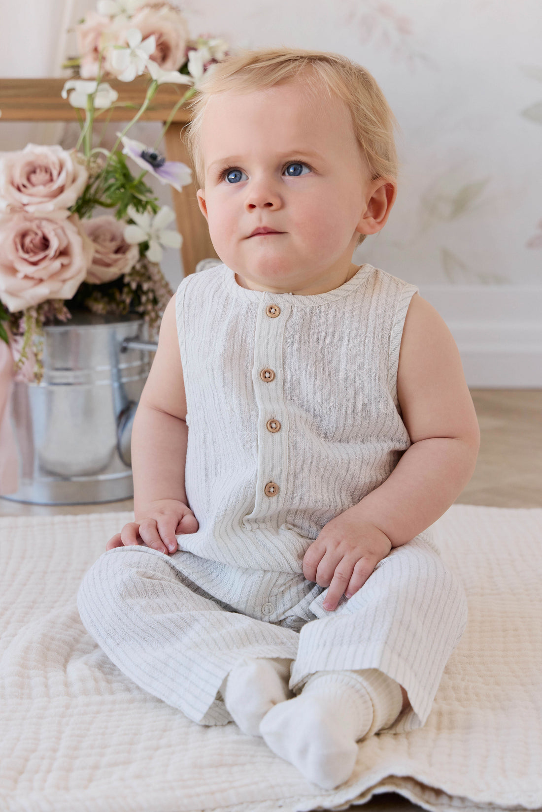 Organic Cotton Milo Jumpsuit - Mini Pinstripe Cloud / Duck Egg Blue Childrens Jumpsuit from Jamie Kay NZ