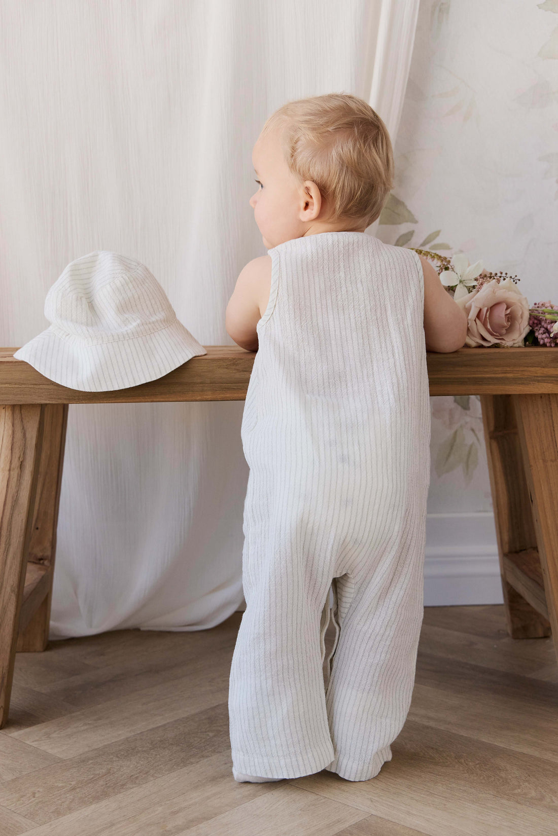 Organic Cotton Bucket Hat - Mini Pinstripe Cloud / Duck Egg Blue Childrens Hat from Jamie Kay NZ