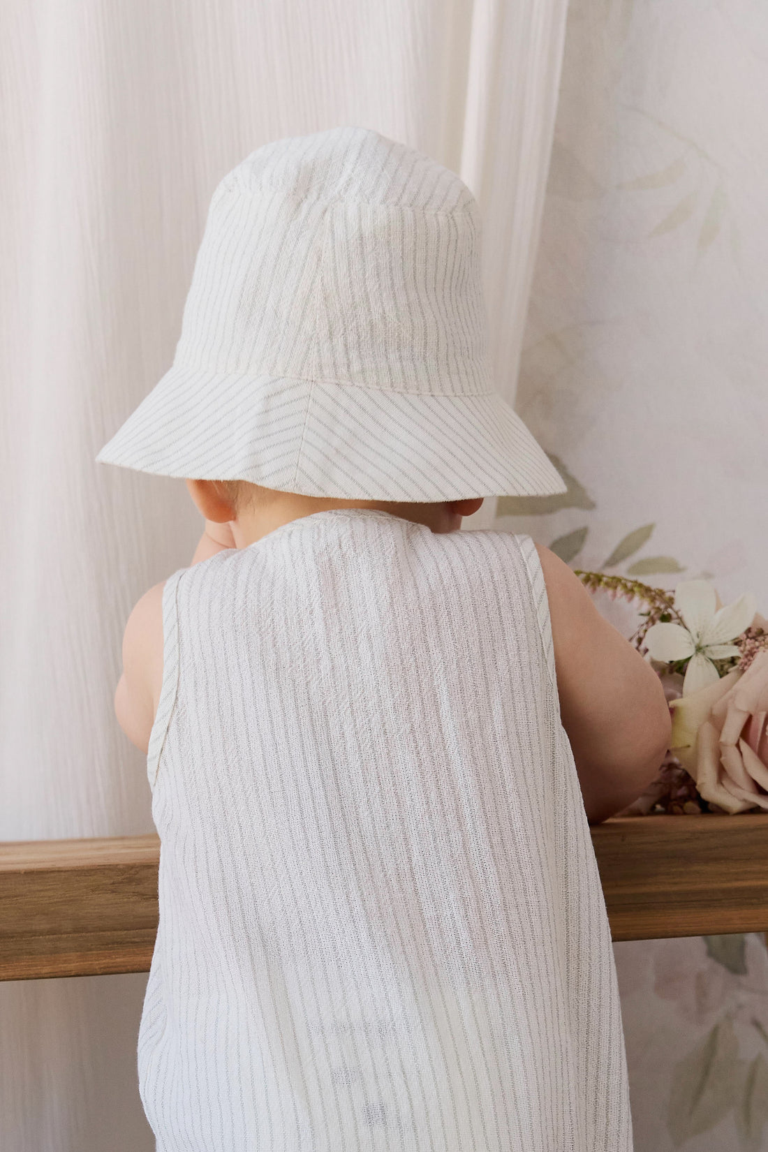Organic Cotton Bucket Hat - Mini Pinstripe Cloud / Duck Egg Blue Childrens Hat from Jamie Kay NZ