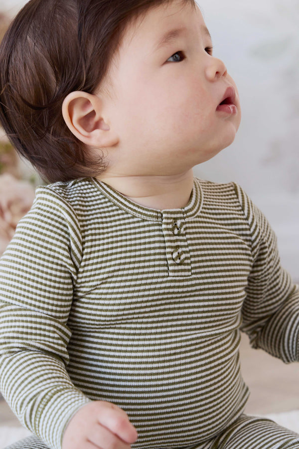Organic Cotton Modal Long Sleeve Bodysuit - Petite Stripe Avocado Oil / Cloud Childrens Bodysuit from Jamie Kay NZ