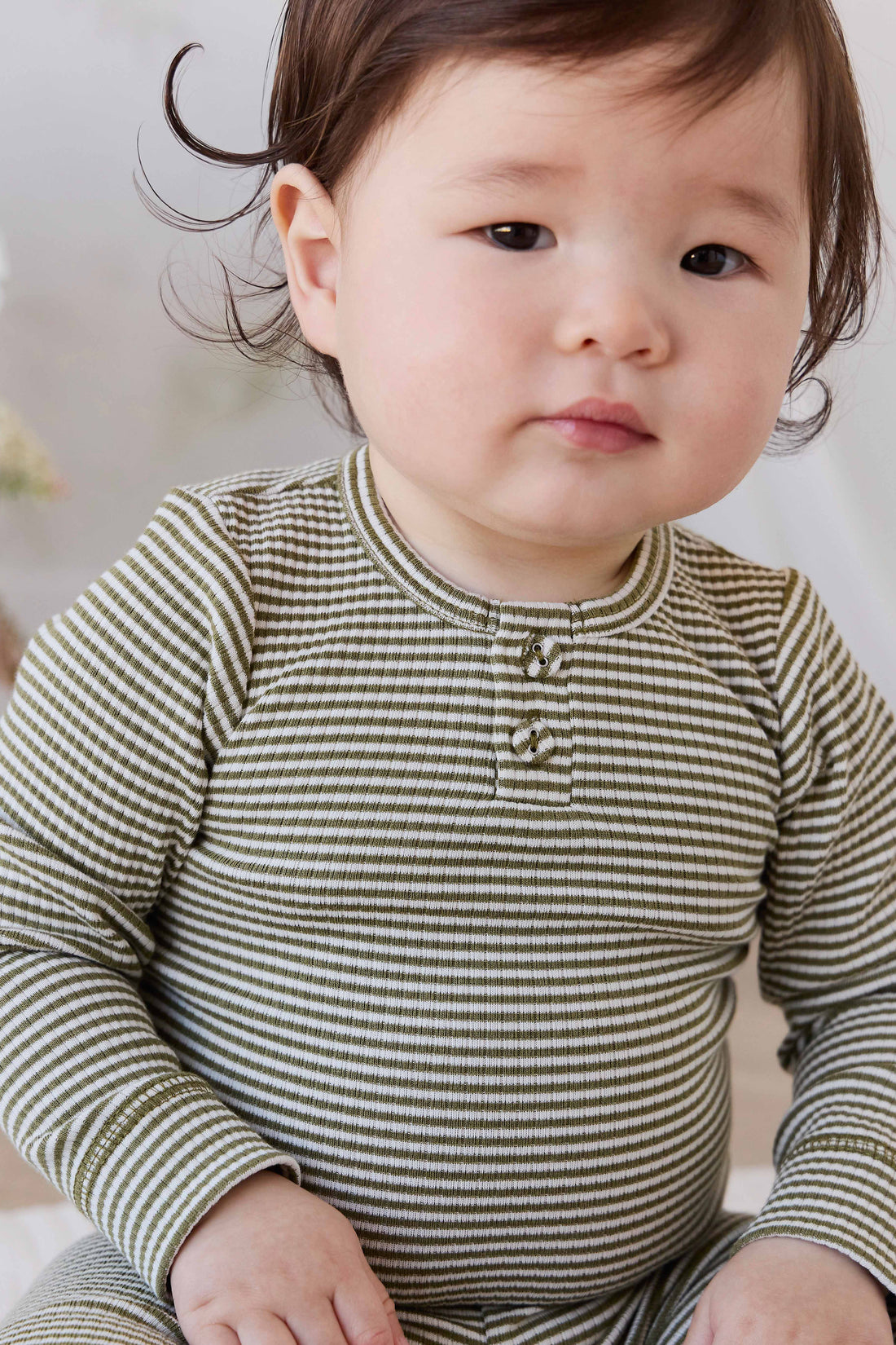 Organic Cotton Modal Long Sleeve Bodysuit - Petite Stripe Avocado Oil / Cloud Childrens Bodysuit from Jamie Kay NZ