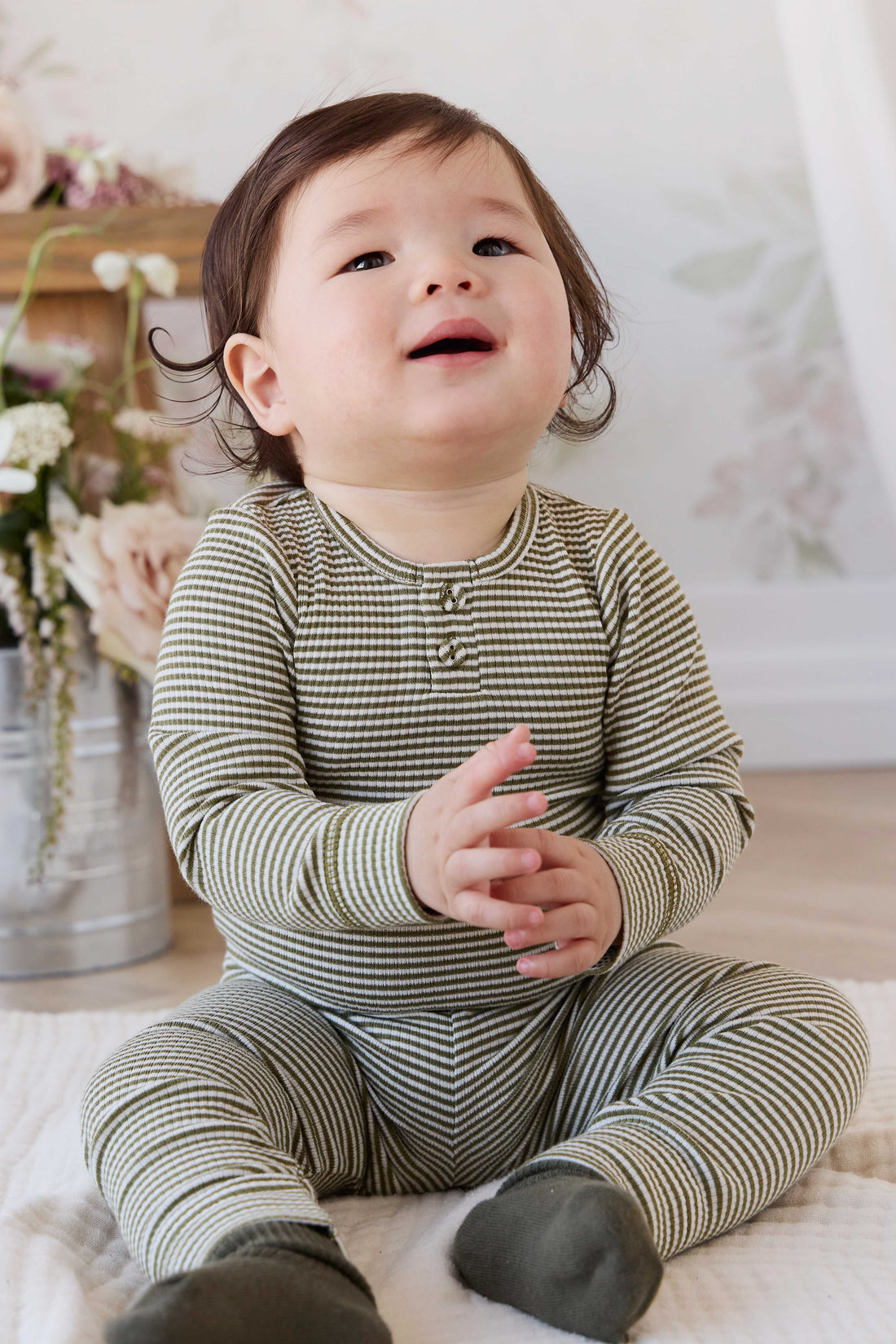 Organic Cotton Modal Legging - Petite Stripe Avocado Oil / Cloud Childrens Legging from Jamie Kay NZ