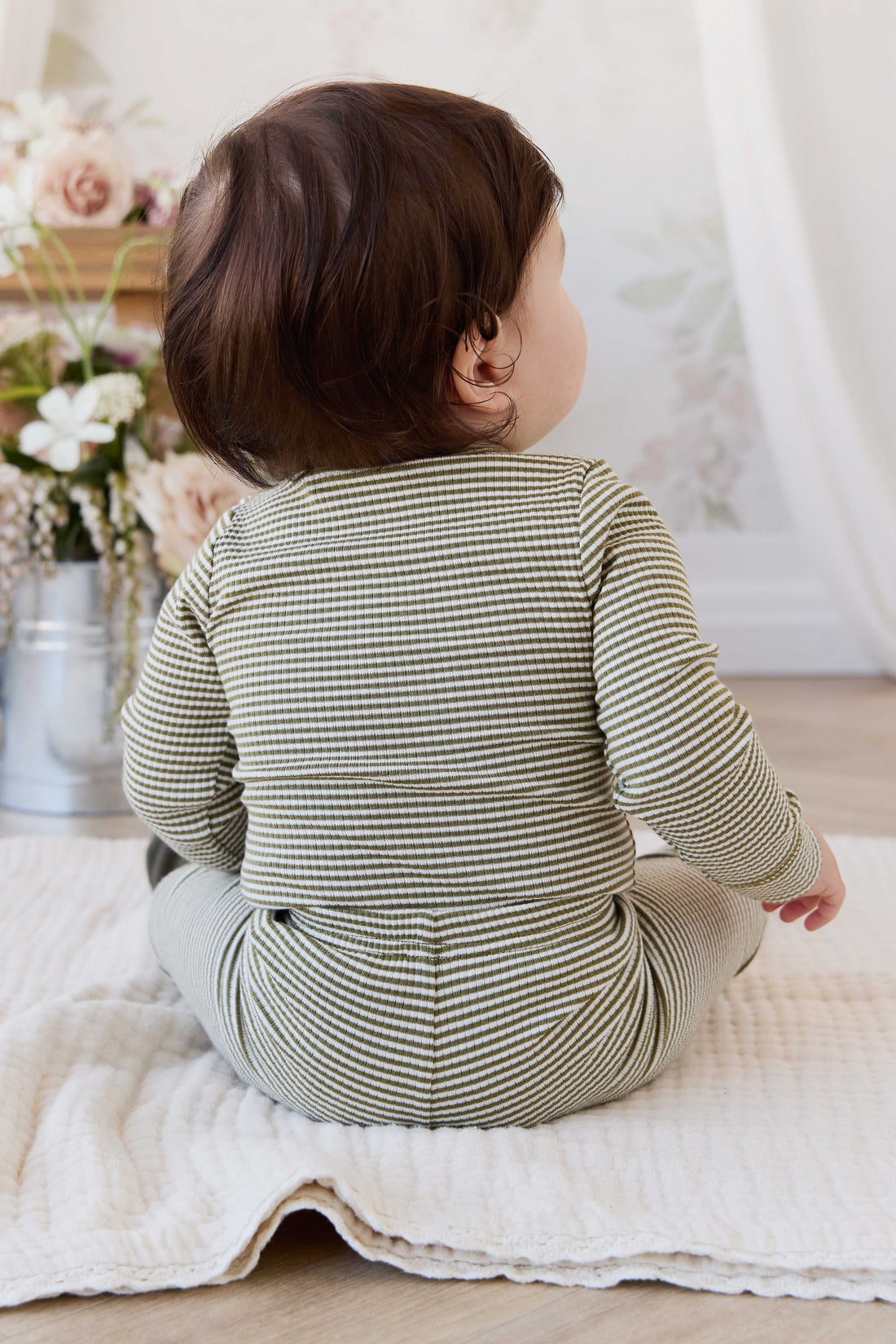 Organic Cotton Modal Legging - Petite Stripe Avocado Oil / Cloud Childrens Legging from Jamie Kay NZ