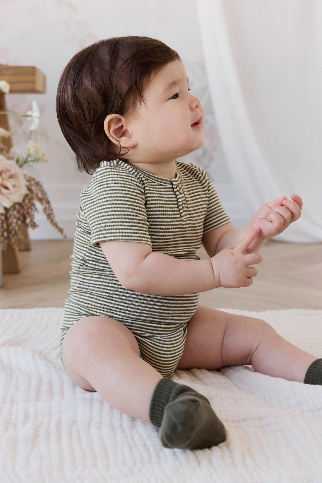 Organic Cotton Modal Darcy Rib Tee Bodysuit - Petite Stripe Avocado Oil / Cloud Childrens Bodysuit from Jamie Kay NZ