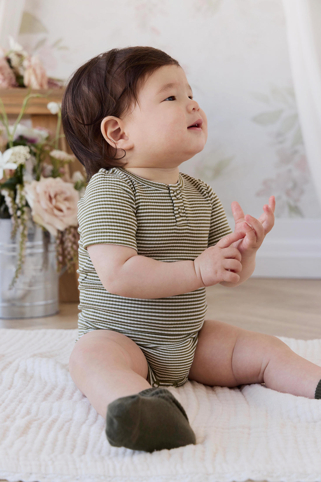 Organic Cotton Modal Darcy Rib Tee Bodysuit - Petite Stripe Avocado Oil / Cloud Childrens Bodysuit from Jamie Kay NZ