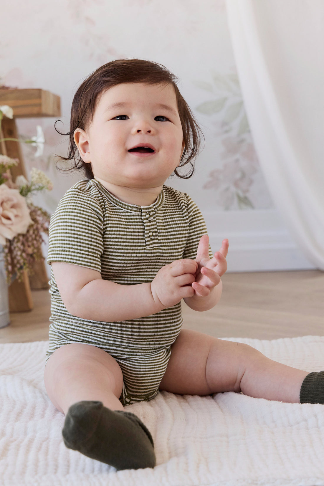 Organic Cotton Modal Darcy Rib Tee Bodysuit - Petite Stripe Avocado Oil / Cloud Childrens Bodysuit from Jamie Kay NZ