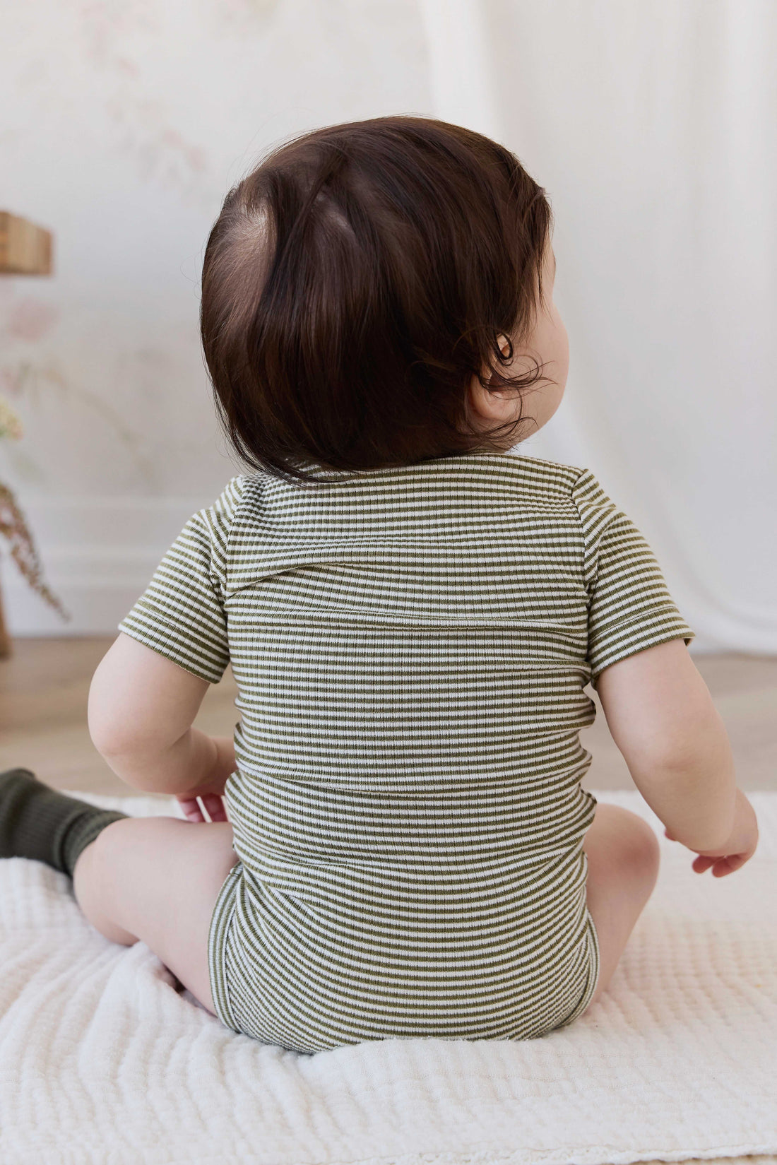 Organic Cotton Modal Darcy Rib Tee Bodysuit - Petite Stripe Avocado Oil / Cloud Childrens Bodysuit from Jamie Kay NZ