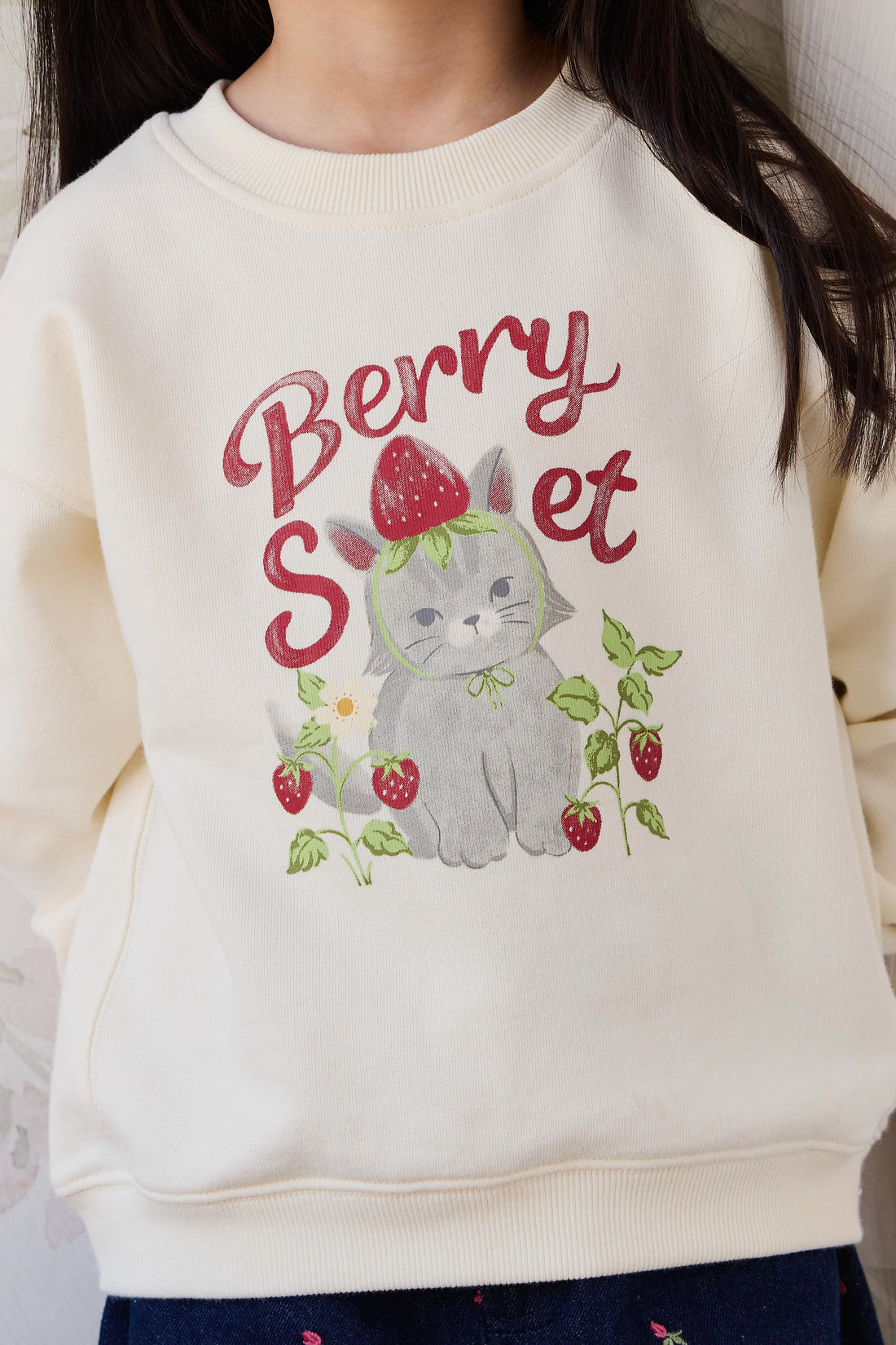 Organic Cotton Rhea Sweatshirt - Berry Cat Egret Childrens Sweatshirt from Jamie Kay NZ