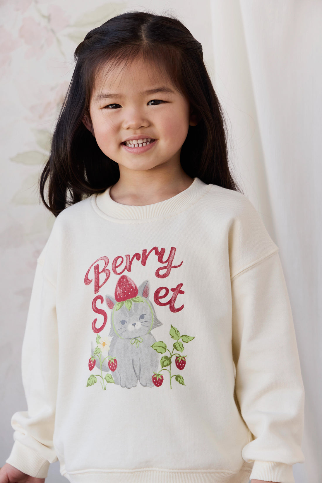 Organic Cotton Rhea Sweatshirt - Berry Cat Egret Childrens Sweatshirt from Jamie Kay NZ