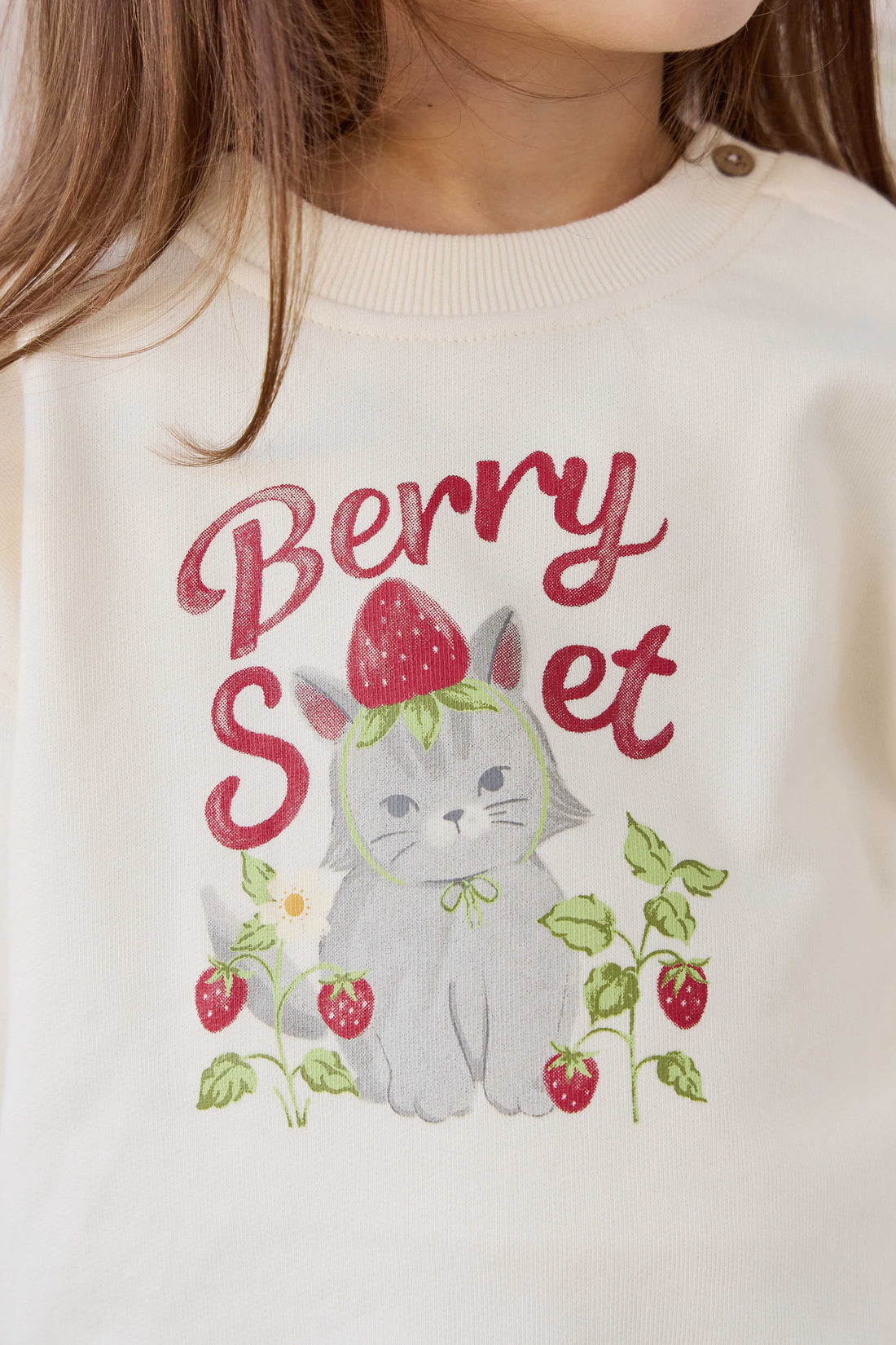 Organic Cotton Rhea Sweatshirt - Berry Cat Egret Childrens Sweatshirt from Jamie Kay NZ