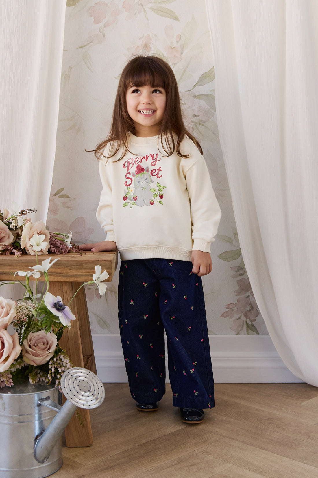 Organic Cotton Rhea Sweatshirt - Berry Cat Egret Childrens Sweatshirt from Jamie Kay NZ